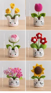 Handmade crochet potted plants with bunny faces and flowers, size 14cm by 7cm detail view