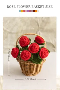 Detail view of handmade crochet red roses in a woven basket with size measurements
