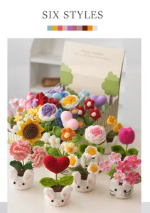 Detail of six crochet flower styles with cute rabbit base for home and desk decoration