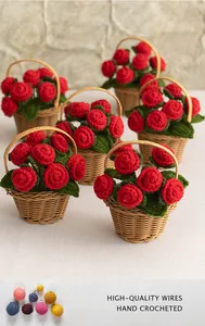 Macro shot of hand-crocheted red roses in woven baskets with premium knit textures