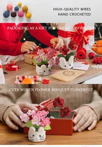 Detailed view of handmade crochet rose and cute rabbit potted plants with gift packaging