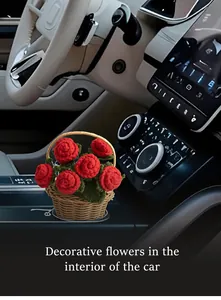 Handmade crochet red rose flower basket as a decorative car interior dashboard ornament