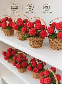 Detailed view of hand-knitted red rose bouquets in wicker baskets for home and office decor