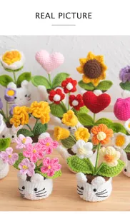 Detailed macro view of handmade crochet potted flowers featuring roses and sunflowers