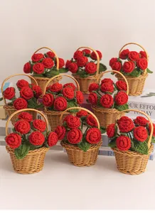 Detail of nine handmade crochet red rose mini baskets for desk and home decoration