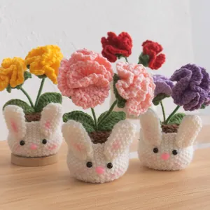 Handmade Crochet Potted Flowers Cute Animal Base Knitting Carnation Rose Sunflower Lily Of The Valley For Home Office Decor Gift