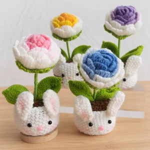 Handmade crochet rose potted plant with cute white rabbit vase design and colorful flowers