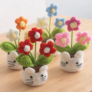 Handmade crochet puff flower potted plant with cute white rabbit base for desk decoration