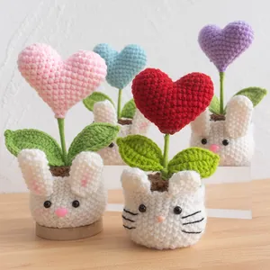 Handmade crochet heart potted plants with cute animal bases for home decor and gifts