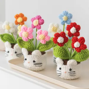 Handmade crochet potted flowers with cute cat animal base for desktop decor