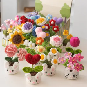 Handmade crochet flower pot set with cute rabbit bases and colorful knitted blossoms
