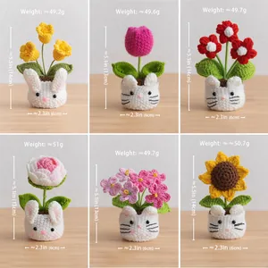 Handmade crochet potted plants featuring roses and tulips with cute animal pots