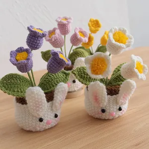 Handmade crochet lily of the valley and rabbit doll potted plant for desk decoration