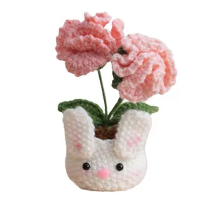 Pink crochet carnations in a cute white bunny pot for home decor and desktop gifts