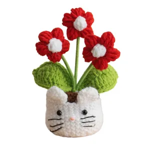 Handmade crochet red flower potted plant with cute white base for desk decor