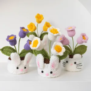 Handmade crochet Lily of the Valley potted plants with cute bunny and cat shaped pots