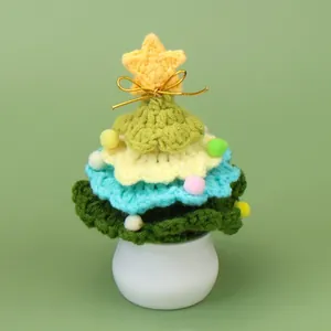 Handmade crochet Christmas tree mini potted ornament with white ceramic base for desk decor