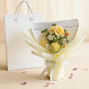 Handmade knitted sunflower bouquet with white gift bag for Mother's Day present