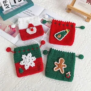 Porte-Monnaie de Noël Tricoté à Cordon Père Noël Bonhomme de Pain d'Épices Flocon de Neige Sapin de Noël Petit Sac de Rangement