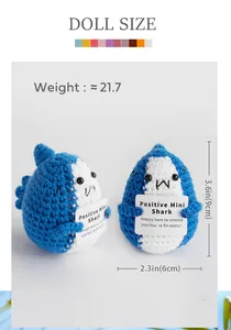 Detailed size measurement of handmade crochet blue shark doll with positive message card