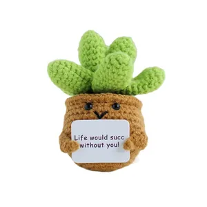 Handmade crochet succulent in small brown pot with positive Life would succ without you card