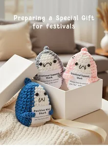 Handmade crochet emotional support shark set with gift box and positive message cards