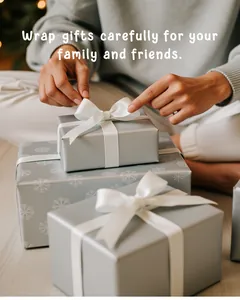Close-up of wrapping a gift box with snowflake paper and white satin ribbon for holidays