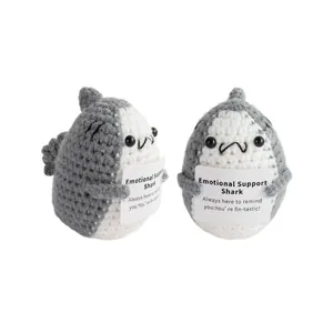 Handmade crochet emotional support shark doll set with gray and white yarn details
