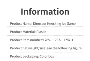 Specifications for Dinosaur Knocking Ice board game showing plastic material and item numbers