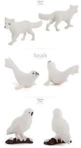 Detailed texture view of arctic fox, seal, and snowy owl figurines for educational play