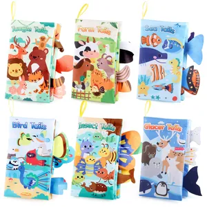 Set of 6 sensory baby cloth books with colorful 3D animal tails for early learning
