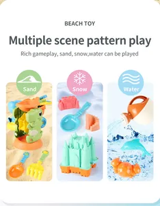 Detail van multifunctionele strandset voor spelen in zand, sneeuw en water in drie scènes