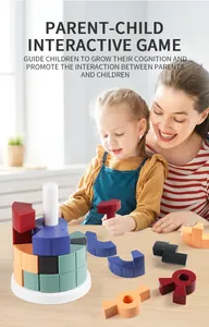 Mother and daughter playing with colorful geometric building blocks in a home setting