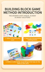 Educational stacking blocks set with puzzle cards showing 40,000 ways to build a tower