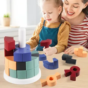 Colorful geometric building blocks on a white base for parent-child DIY stacking fun