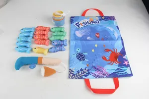 Top view of baby plush magnetic fishing toy set with colorful fish and storage bag