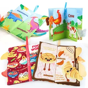 Set di 4 libri in tessuto colorati per neonati con dinosauri, animali e cibo con code