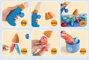 Detail showing hand interaction steps of plush fishing game with colorful stuffed fish