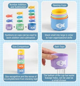 Nesting cups set for babies with numbered fish patterns and drainage holes for bath play