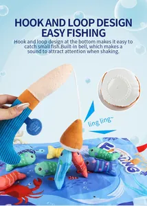 Detail view of baby cloth fishing toy set with hook and loop design and built-in bell