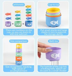 Nesting cups and toy fish set for baby bath showing arithmetic and stacking features