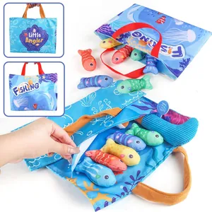 Infant soft plush fishing toy set with ocean-themed fabric storage bags and colorful fish