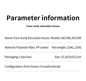 Tabella parametri dettagliata per giocattolo educativo fattoria con dimensioni e materiali
