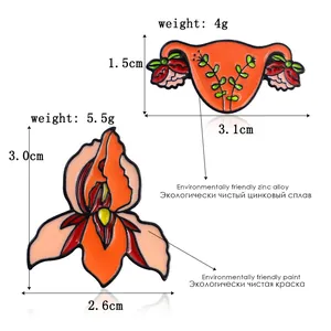 Zinc alloy enamel pins with floral uterus and iris designs with dimensions and weight