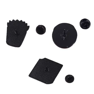 Back view of black enamel pin set with secure rubber clutches on white background