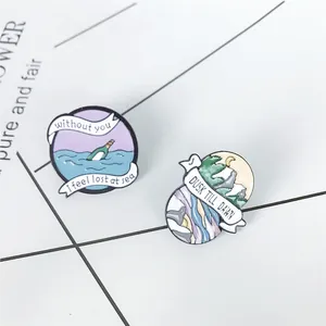 Drift bottle and nature landscape enamel pins with nautical and mountain forest themes