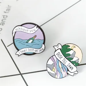 Creative Enamel Brooch Pin Mountain Moon Ocean Wave Message In A Bottle Slogan Alloy Badge For Denim Jacket Fashion Jewelry