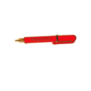 Red enamel fountain pen brooch with gold trim and Mightier text on white background