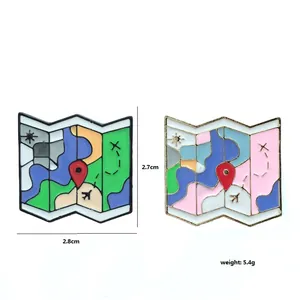 Cartoon enamel map pins with colorful airport patterns and airplane path icons