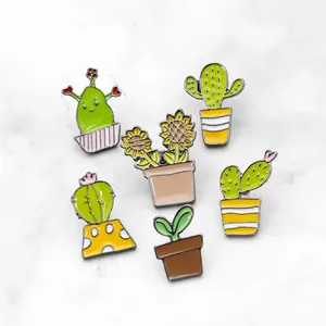 Set of 6 cartoon enamel plant pins featuring cacti and sunflowers in colorful pots